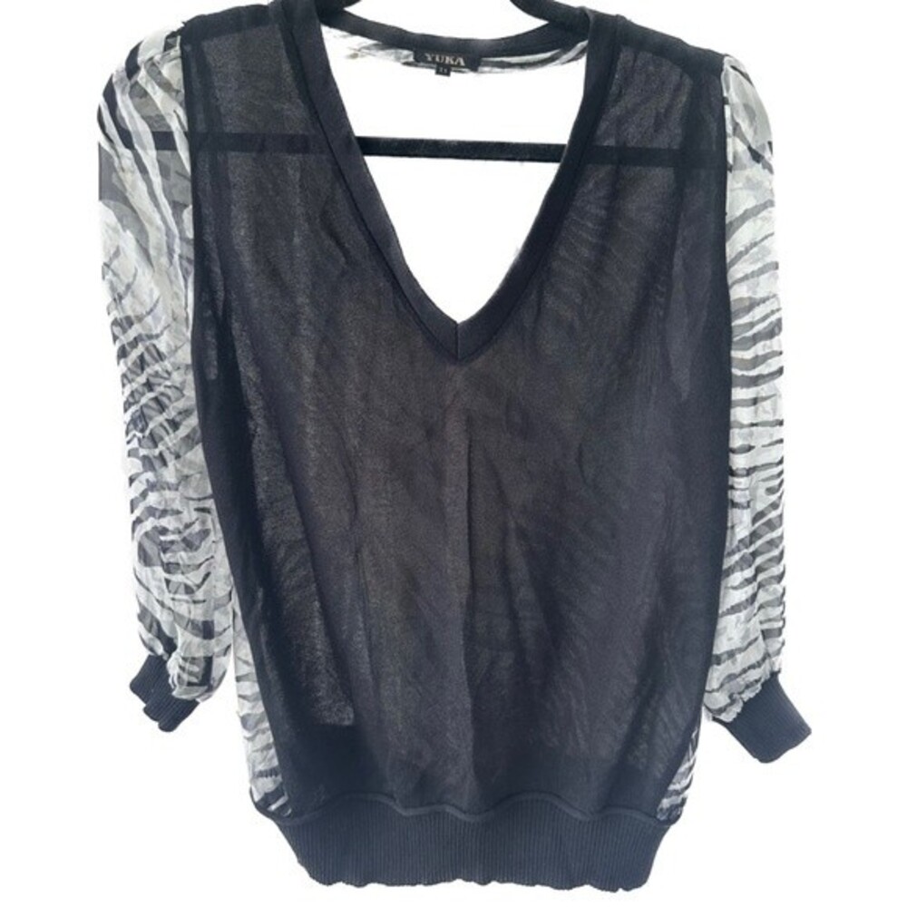 Yuka Paris Sheer Zebra Animal Print Mix Media Thin Knit Sweater Blouse Top S